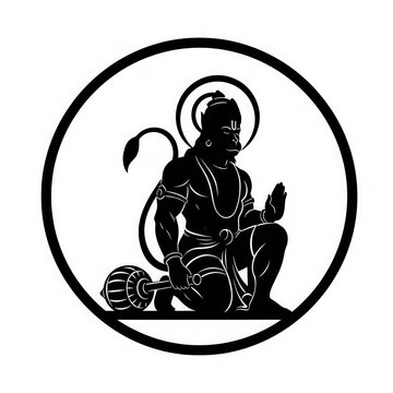 Hanuman Silhouette Holding Gada. Bold Black Vector on White.