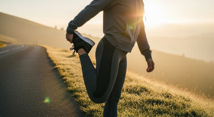 Athletic woman stretching leg on roadside during sunrise, showcasing fitness routine and healthy lifestyle in natural outdoor setting