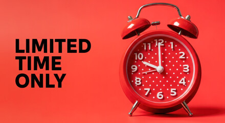 Red alarm clock with white polka dots on a vibrant red background, emphasizing urgency and limited time offers for promotional campaigns