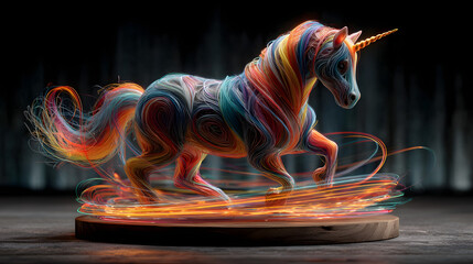 A colorful unicorn surrounded by glowing neon light rings, blending fantasy and modern style