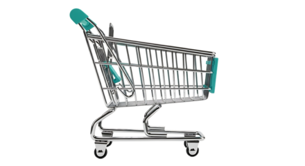 Shiny Metal Shopping Cart, with teal accents, isolated on white or transparent background, PNG