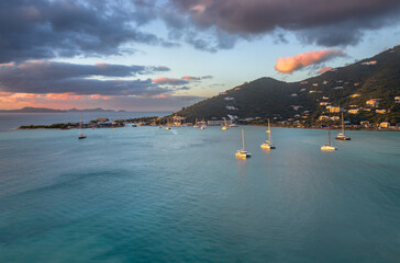 Exposure done at sunrise of Road Town, capital city of Tortola, Baughers Bay and the surroundings and its magnificent water color, while arriving at the Island by Cruise Ship, British Virgin Islands