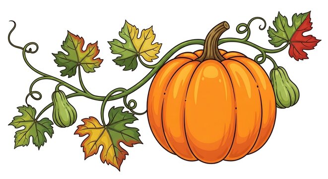 A vibrant orange pumpkin on a decorative winding vine with colorful autumn leaves and small green gourds