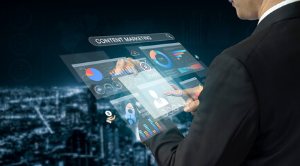 Content marketing interface with data dashboards, analytics charts, and content tools. Marketing success comes from content performance, content planning, and marketing optimization. Spline