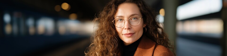 Obraz premium Caucasian young adult female with glasses at train station in autumn coat