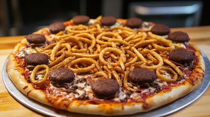 A delicious and unique pizza topped with onion rings and moon pies on a metal tray