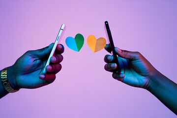 Two young black people using smartphones with heart icons in background, online dating and social media connection concept, modern African couple chatting, browsing profiles, finding love mobile app