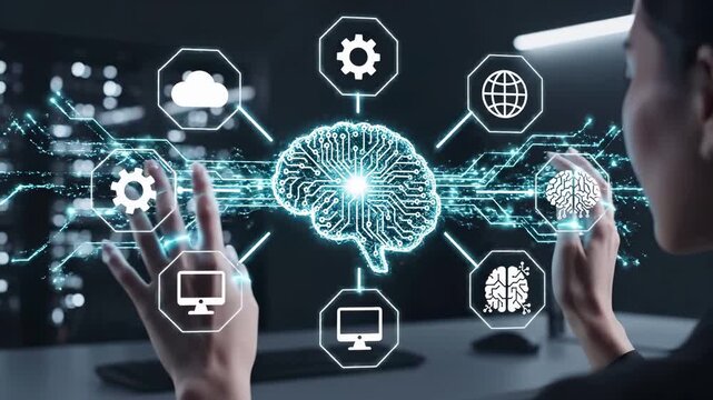 Artificial intelligence and machine learning concept with digital brain circuit, neural network icons, cloud computing, globe connectivity. Hand interacts with futuristic technology interface for data - Powered by Adobe