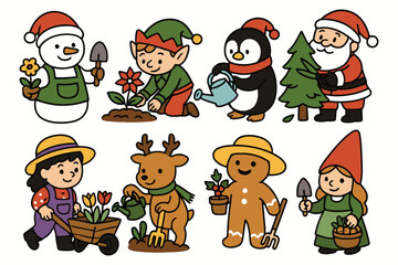 Whimsical christmas and garden characters engaged in planting activities