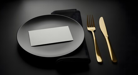 Restaurant: plate with card, golden cutlery