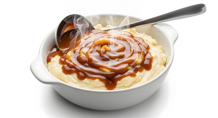 Food: mashed potatoes with gravy and ladle
