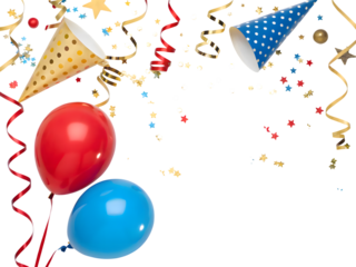 Celebration with red and blue balloons, party hats, streamers, and confetti isolated on transparent background