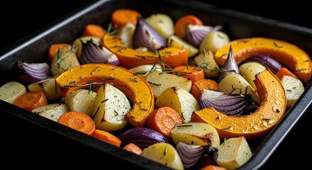 Food: roasted vegetables in baking pan