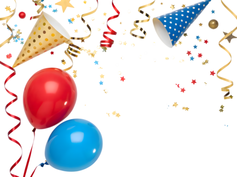 Celebration with red and blue balloons, party hats, streamers, and confetti isolated on transparent background