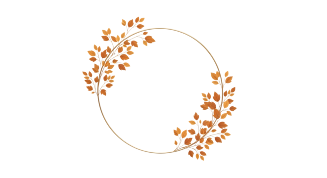 Delicate Golden Circle Frame, adorned with autumnal orange leaves and branches, isolated on white or transparent background, PNG - Powered by Adobe