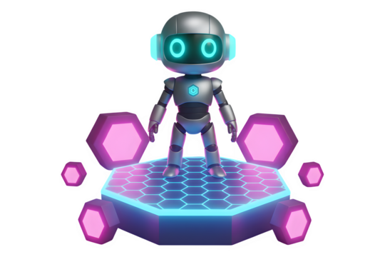 3d illustration of cute robot standing on a futuristic platform isolated on transparent background