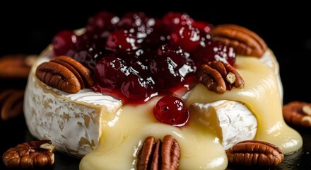 Food: brie cheese with cranberry sauce and pecans
