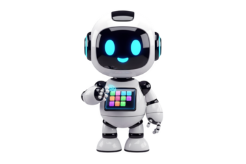 3d illustration of cute cartoon robot with a colorful screen on its chest, isolated on transparent background