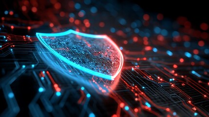 Glowing Digital Shield Symbol Over Abstract Circuit Board With Red And Blue Lights background