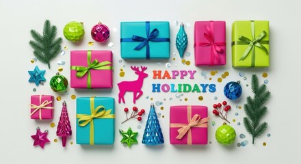 Happy holidays with colorful gift boxes, ornaments, and festive decorations