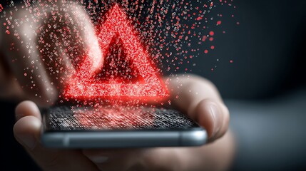 Hand Holding Smartphone With Red Exclamation Mark Warning Symbol Dissolving Into Digital Data mobile phone