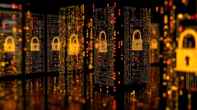 Futuristic server room with glowing padlock icons on server racks and digital circuits image photo