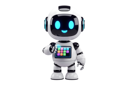 3d illustration of cute cartoon robot with a colorful screen on its chest, isolated on transparent background