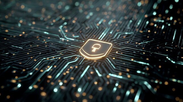 Glowing digital shield symbol on a futuristic circuit board with lights technology data