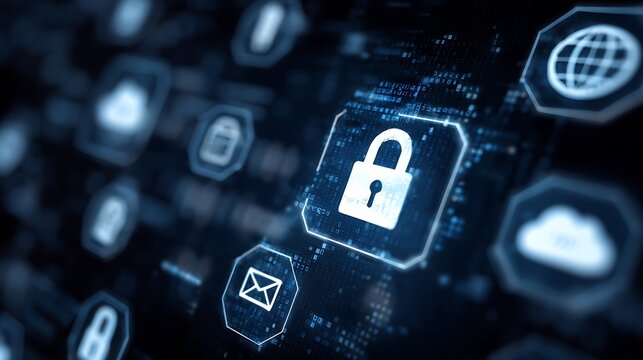 Grid of digital security icons with a prominent padlock in the center cybersecurity padlock icon