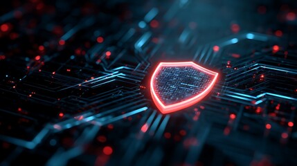 Red Glowing Shield Symbol With Binary Code On A Dark Abstract Circuit Board background blue