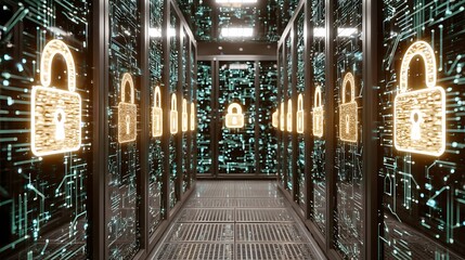 Server room aisle with rows of server racks displaying glowing padlock icons and digital circuits image