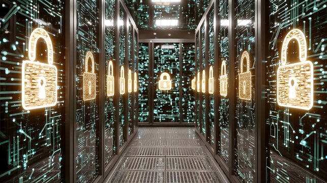 Server room aisle with rows of server racks displaying glowing padlock icons and digital circuits image