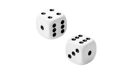 Two White Dice, with black pips showing numbers three and six, isolated on white or transparent background, PNG