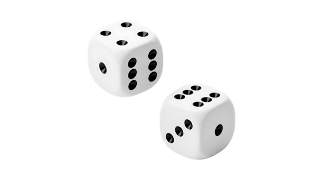 Two White Dice, with black pips showing numbers three and six, isolated on white or transparent background, PNG