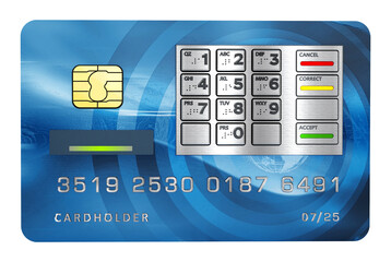 Fictitious credit card with ATM keypad isolated on transparent background. 3D illustration