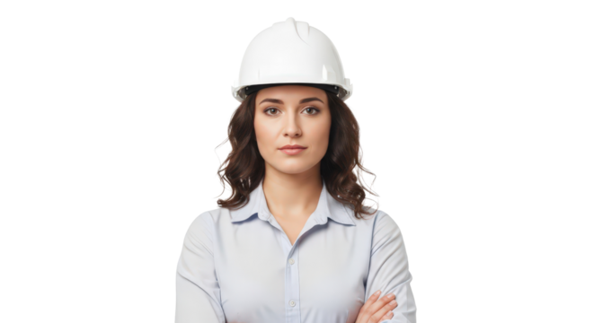 Confident female engineer in white hard hat looking directly isolated on transparent background