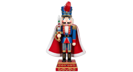 Traditional blue nutcracker soldier holding sword on festive base isolated on transparent background
