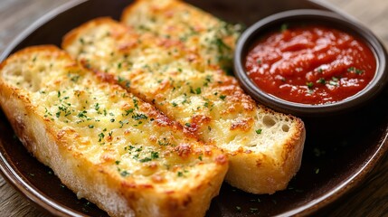 Three slices of cheesy garlic bread with marinara sauce on a dark brown plate on wooden table