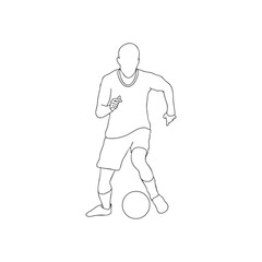 Continuous line drawing of a football player. man playing soccer ball template. Line art soccer player with ball illustration vector hand drawn isolated on white background.	