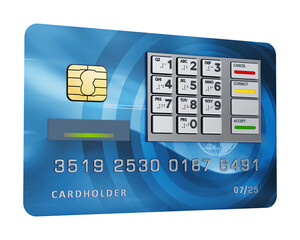 Fictitious credit card with ATM keypad isolated on transparent background. 3D illustration