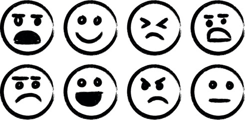 Emotional Brush Stroke Emoticons Set Demonstrating a Wide Range of Feelings
