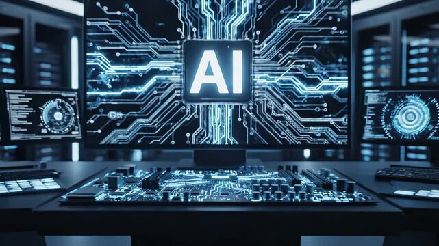 Artificial intelligence control center with circuit board pattern and ai logo on main screen. Multiple monitors display neural network interfaces, data analytics, and machine learning algorithms in