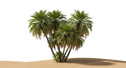 Fototapeta premium Cluster of Lush Green Palm Trees, with textured brown trunks growing from sandy ground, isolated on white or transparent background, PNG