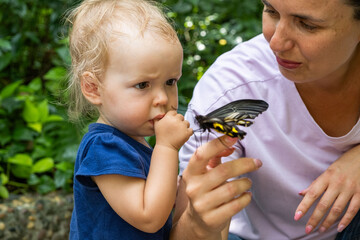 Mother and child interacting with butterfly outdoors in summer, representing education, curiosity, and happy childhood concept