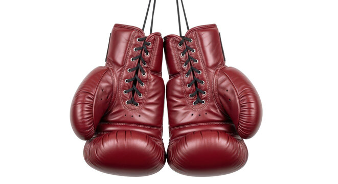 Classic red boxing gloves hanging on display, sport equipment isolated on transparent background