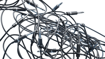 Fototapeta na wymiar Abstract background with tangled audio cables with jacks isolated on transparent background. 3D illustration