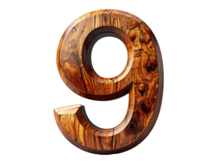 3d wooden number 9 on white background PNG