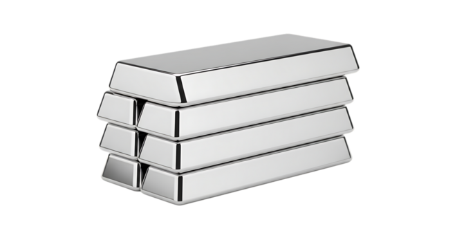 Stack of Polished Silver Bullion Bars, with reflective surfaces, isolated on white or transparent background, PNG