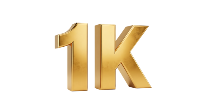 Golden 1K Text, with metallic sheen and subtle texture, isolated on white or transparent background, PNG