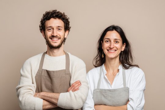 The Bakery Owners: A portrait of two smiling bakery owners, embodying a sense of warmth and collaboration, their aprons signaling a dedication to culinary craftsmanship and shared commitment.